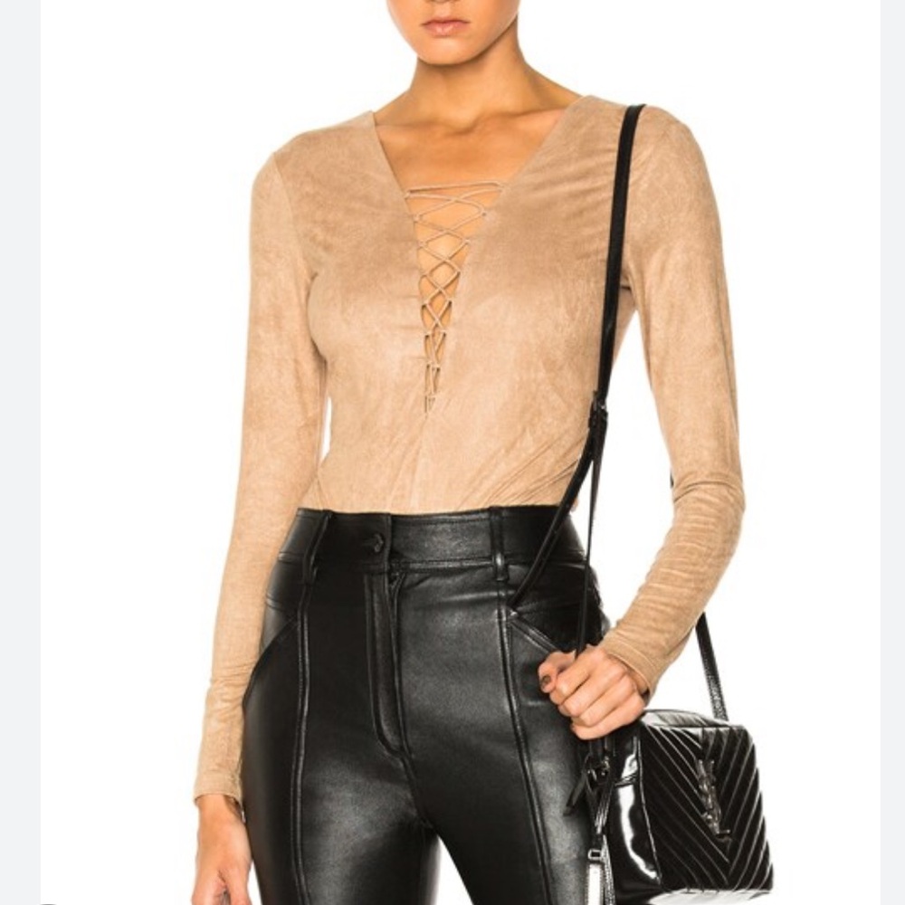 Alexander Wang Faux Suede Lace Up Bodysuit in Camel